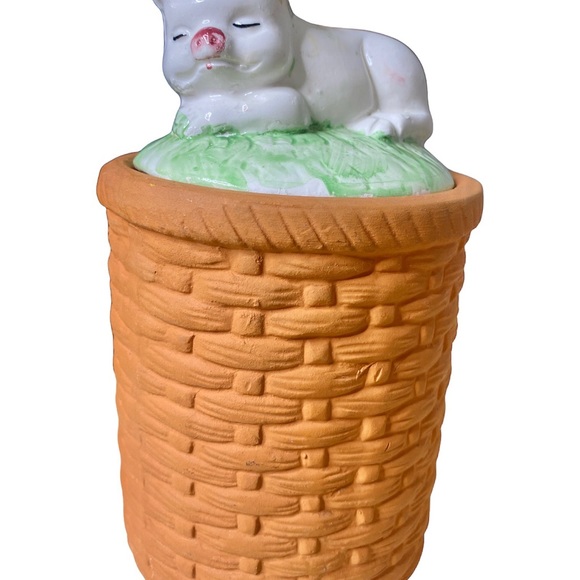 Other - Small Vintage Terra Cotta Basket Weave Canister Ceramic Lid & Hand Painted Pig